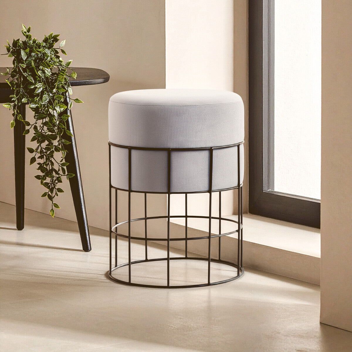 Hayes Grey Velvet Stool with Black Finish Wireframe Base