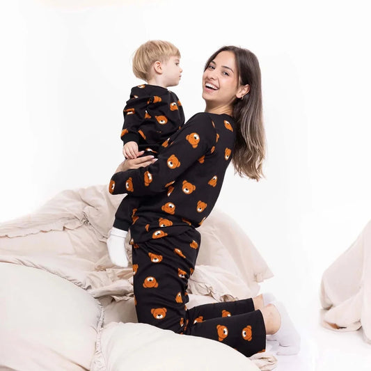 Baby Mom Bear Print Long Sleeve Women's Maternity Pyjama Set (S to 2XL) - Black