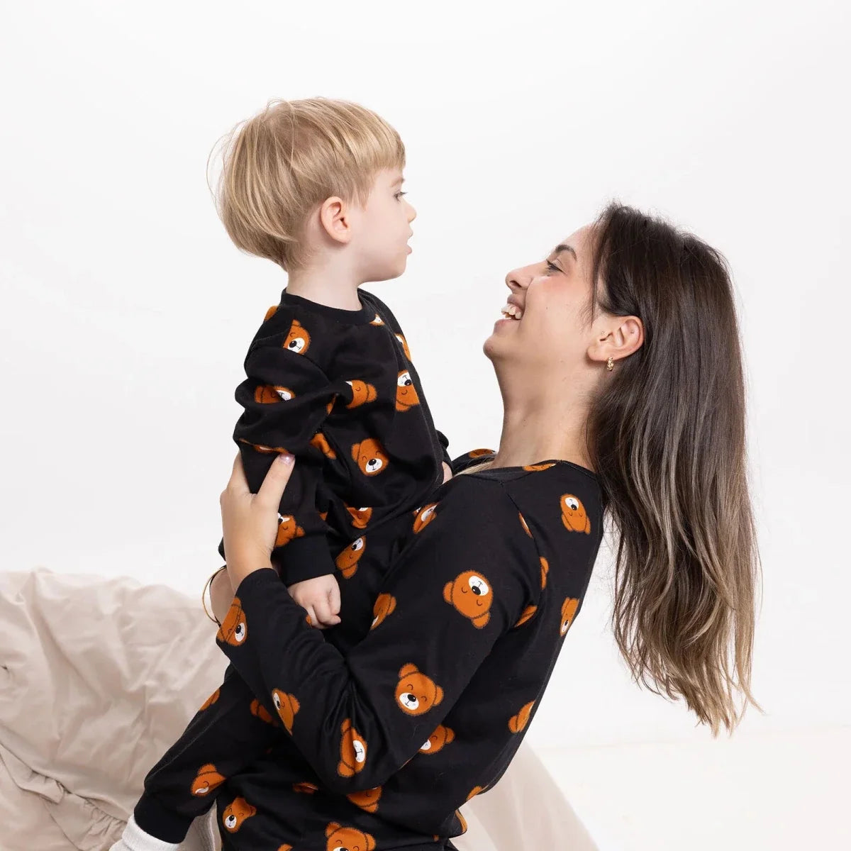 Baby Mom Bear Print Long Sleeve Women's Maternity Pyjama Set (S to 2XL) - Black