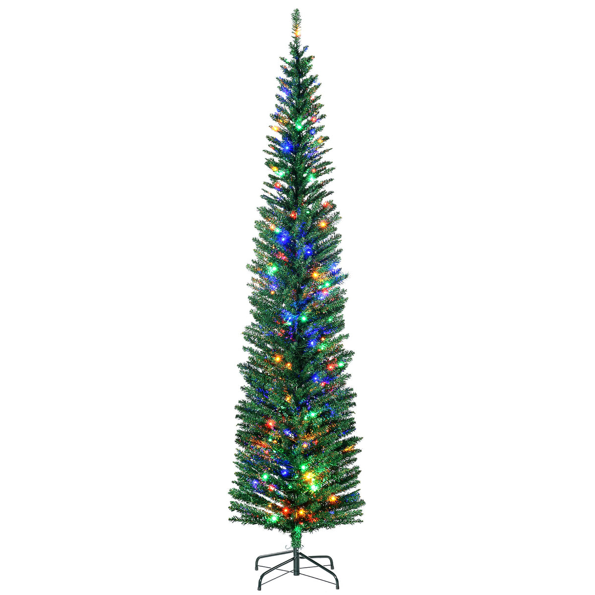 HOMCOM 7.5ft Artificial Pencil Christmas Tree with Colourful Lights, Steel Base