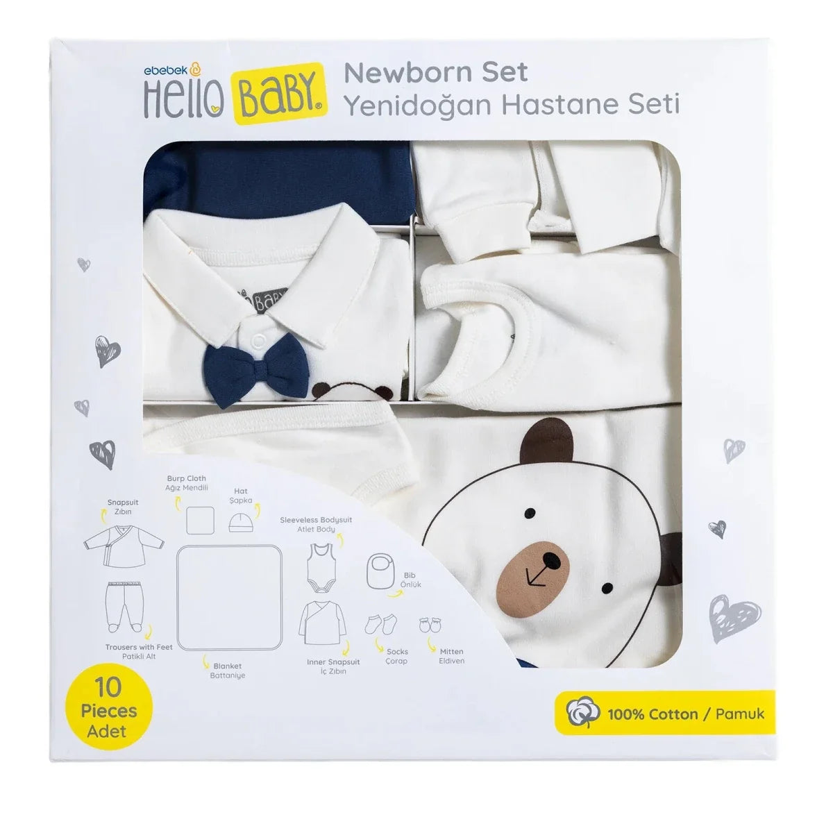 HelloBaby 10 Piece Bear Print Baby Hospital Bag Set (Newborn) - Ecru