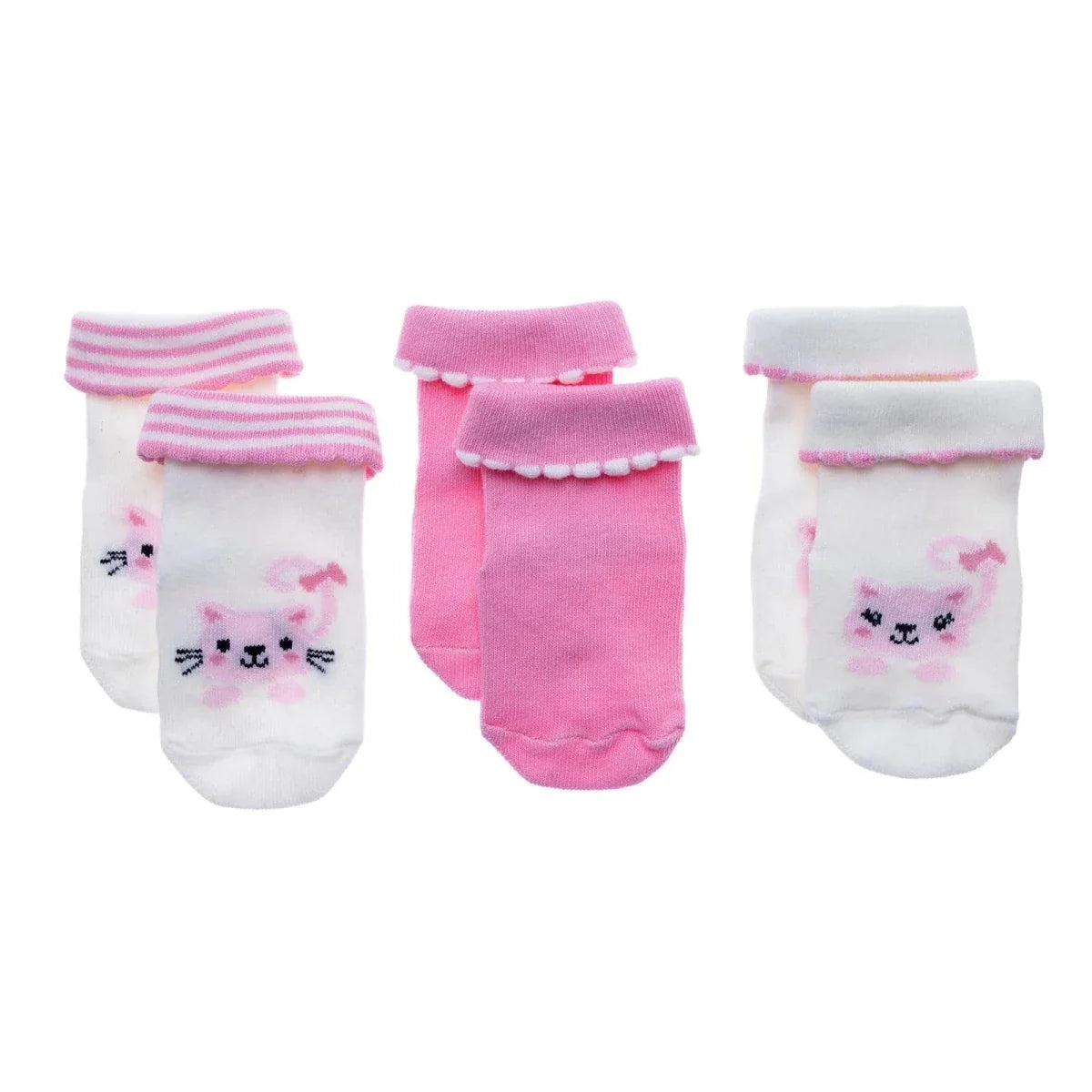 HelloBaby 3 Pack Cat Print Roll-Top Baby Socks (Newborn to 12-24 Months) - Ecru