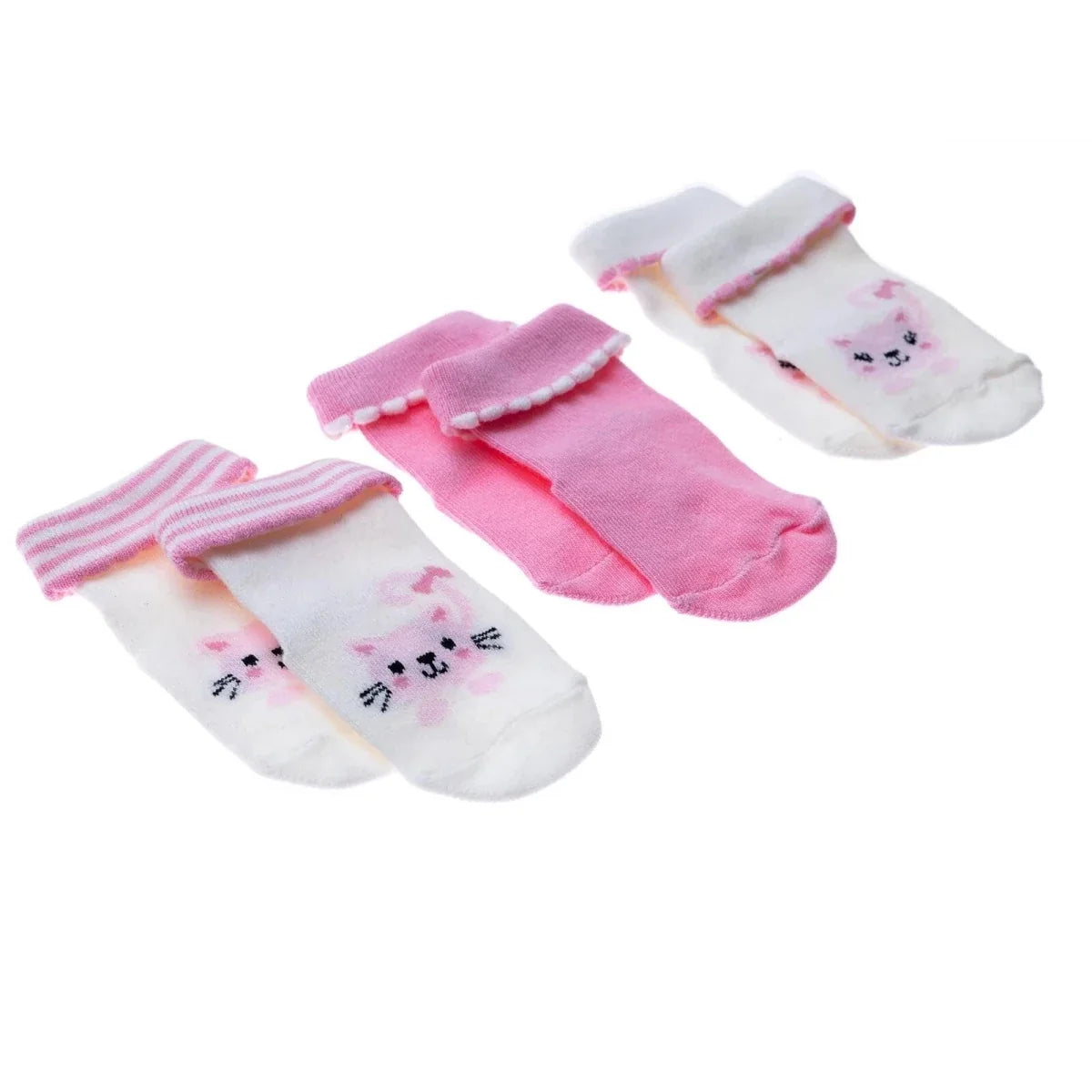 HelloBaby 3 Pack Cat Print Roll-Top Baby Socks (Newborn to 12-24 Months) - Ecru
