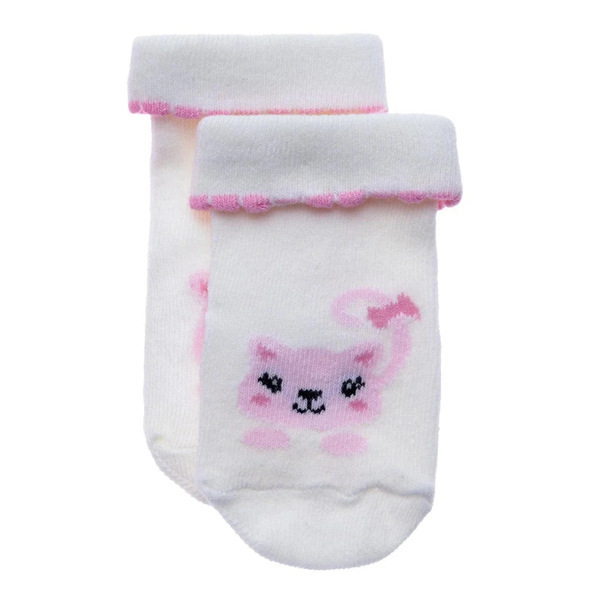 HelloBaby 3 Pack Cat Print Roll-Top Baby Socks (Newborn to 12-24 Months) - Ecru