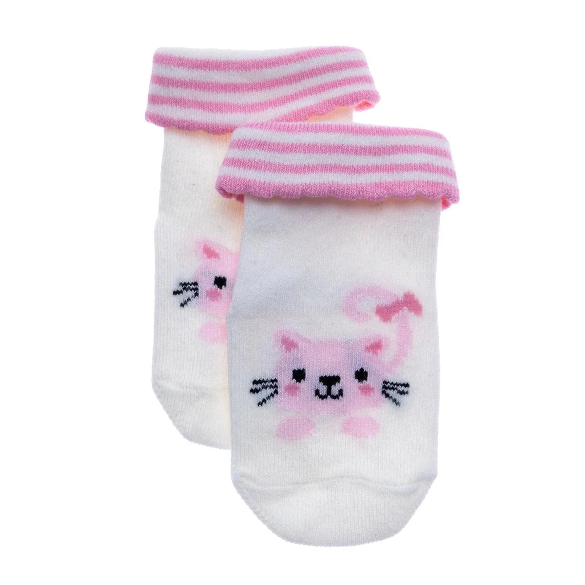 HelloBaby 3 Pack Cat Print Roll-Top Baby Socks (Newborn to 12-24 Months) - Ecru