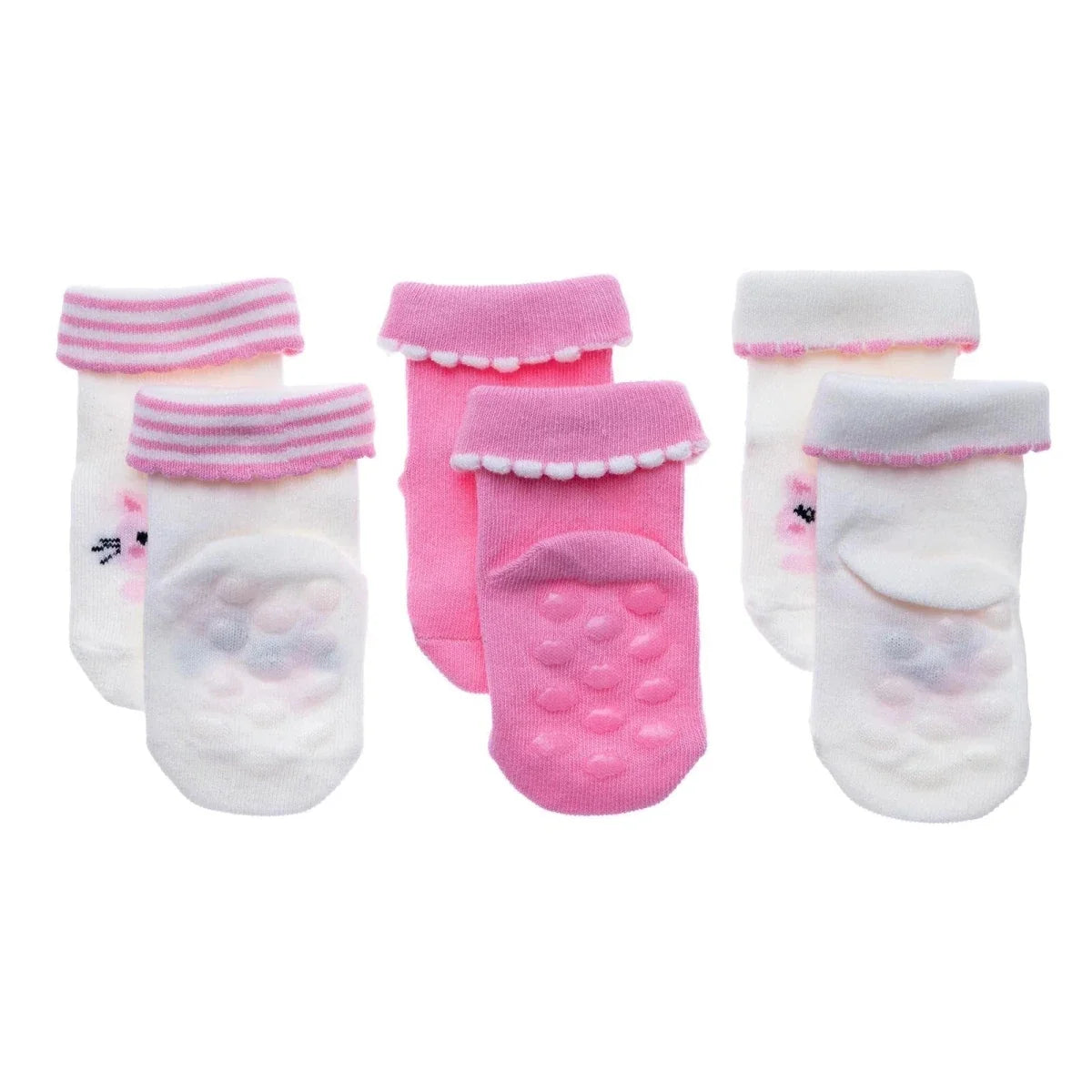 HelloBaby 3 Pack Cat Print Roll-Top Baby Socks (Newborn to 12-24 Months) - Ecru