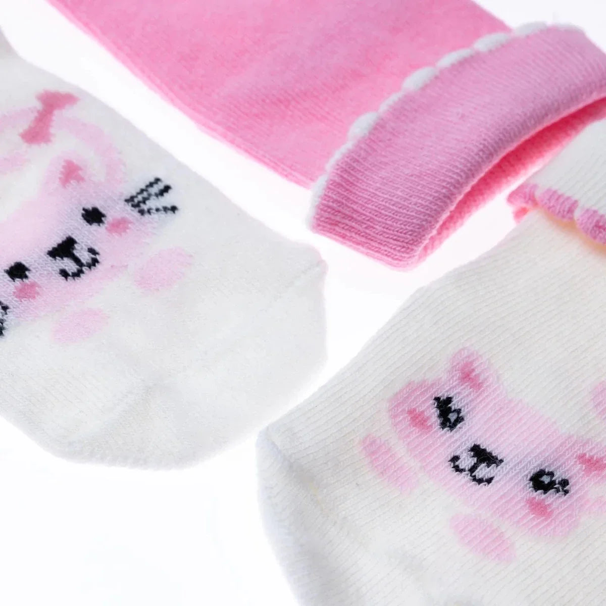 HelloBaby 3 Pack Cat Print Roll-Top Baby Socks (Newborn to 12-24 Months) - Ecru