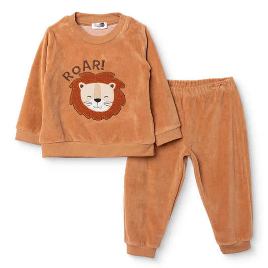 HelloBaby Animal Print Snap Fastening Velour Baby Pyjama Set (3-6 Months to 3-4 Years) - Beige
