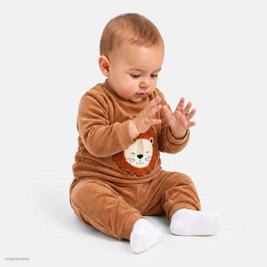 HelloBaby Animal Print Snap Fastening Velour Baby Pyjama Set (3-6 Months to 3-4 Years) - Beige