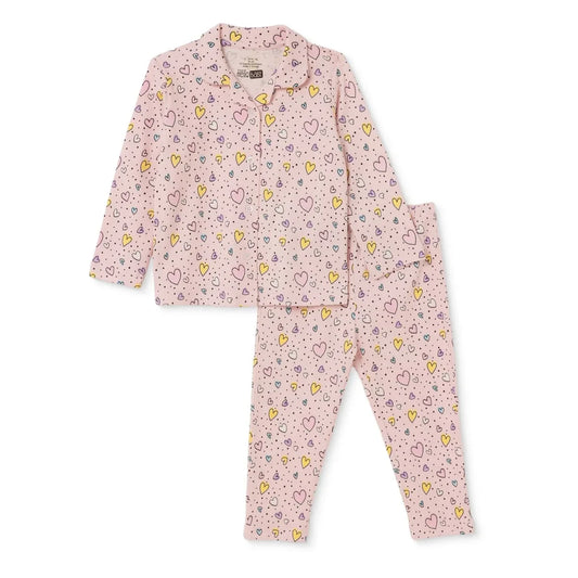 HelloBaby Heart Print Shirt Collar Baby Pyjama Set (3-6 Months to 3-4 Years) - Pink