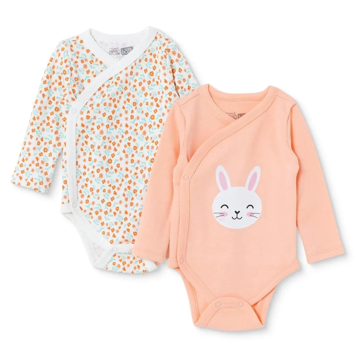 HelloBaby 2 Pack Animal Print Long Sleeve Interlock Baby Bodysuits (Newborn to 6-9 Months) - Ecru