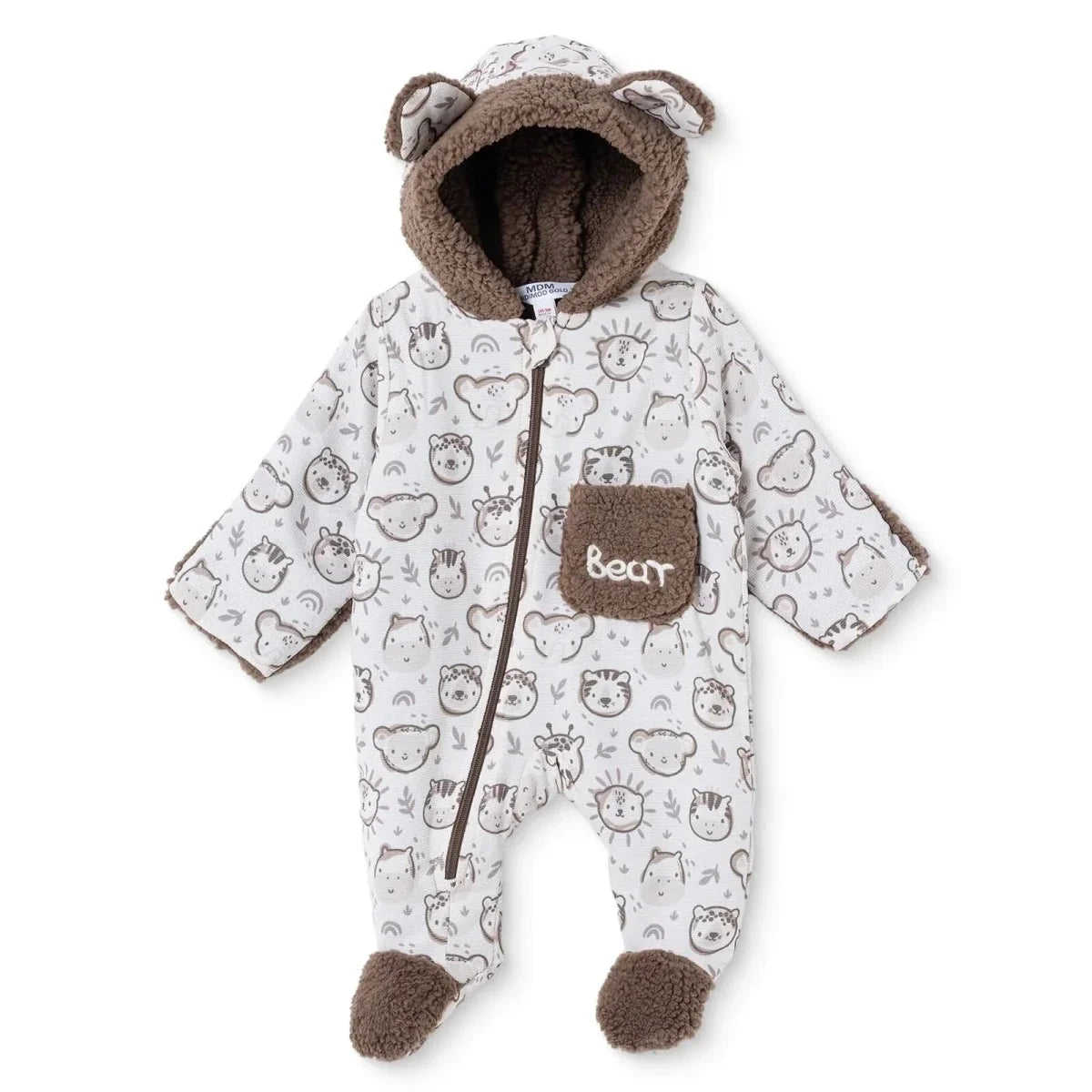Midimod Animal Print Hooded Lined Fleece Baby Pramsuit (1-3 Months to 12 Months) - Ecru Printed
