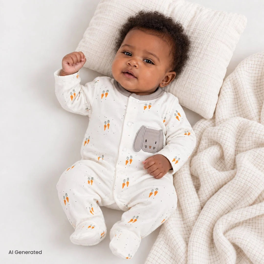 Bebetto Bunny Embroidered Long Sleeve Interlock Baby Sleepsuit with Feet (Newborn to 6-9 Months) - Ecru