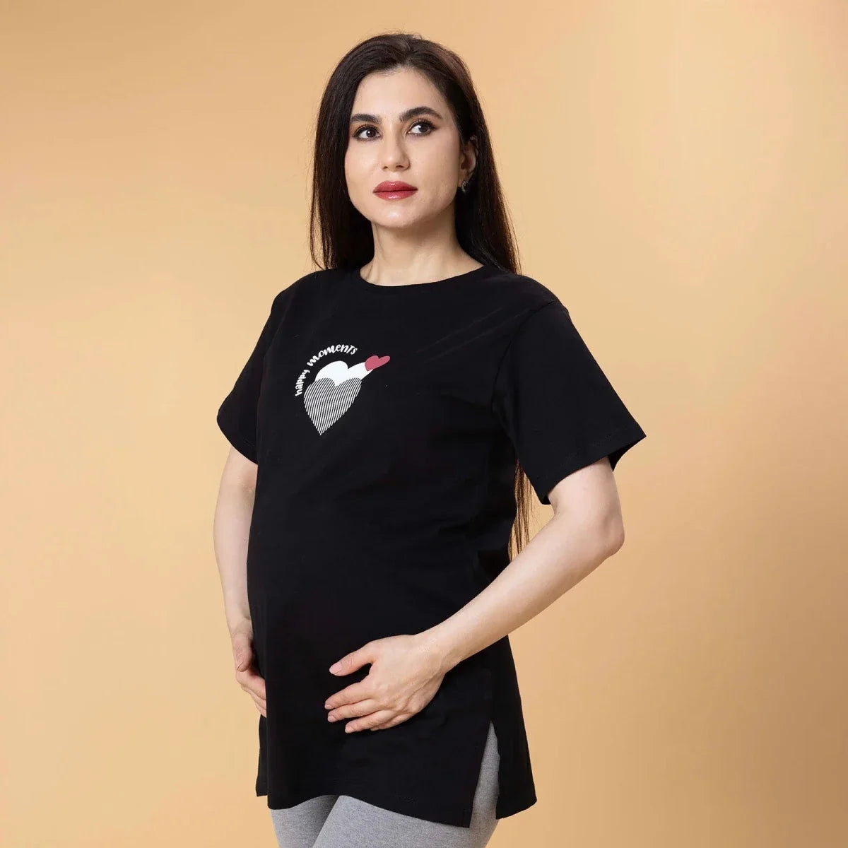 Baby Mom Heart Print Women's Maternity Short Sleeve T-Shirt (S to 2XL) - Black