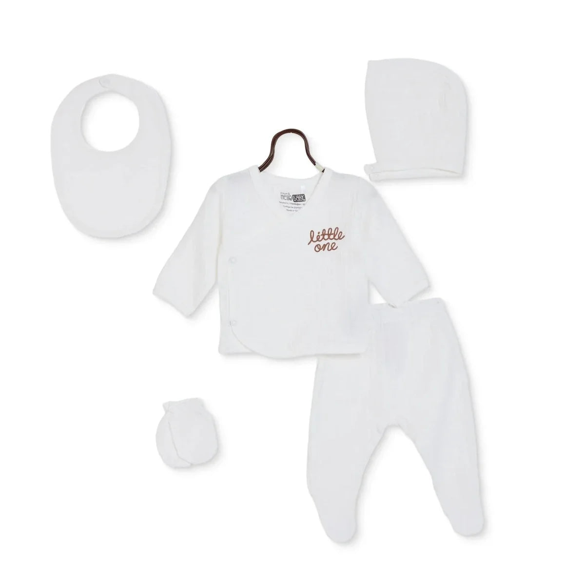 HelloBaby 5 Piece "Little One" Slogan Muslin Baby Hospital Bag Set on a Hanger (Newborn) - Ecru