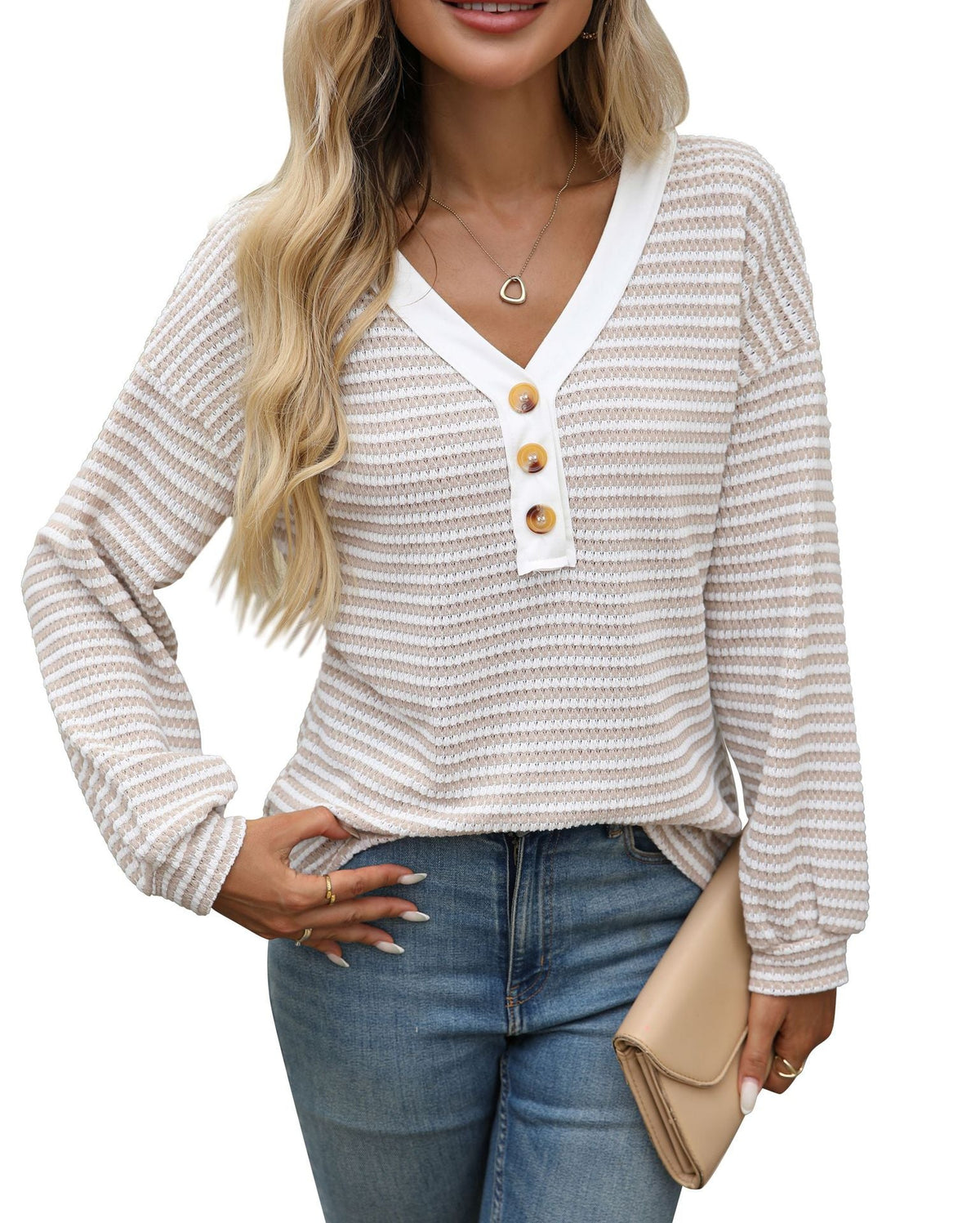 Women's V-neck Buttons Pullover Patchwork Casual Long-sleeved Top
