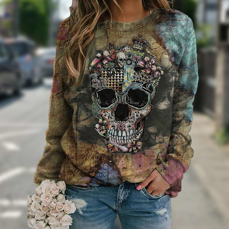 Long-Sleeve Skull Print Sweatshirt
