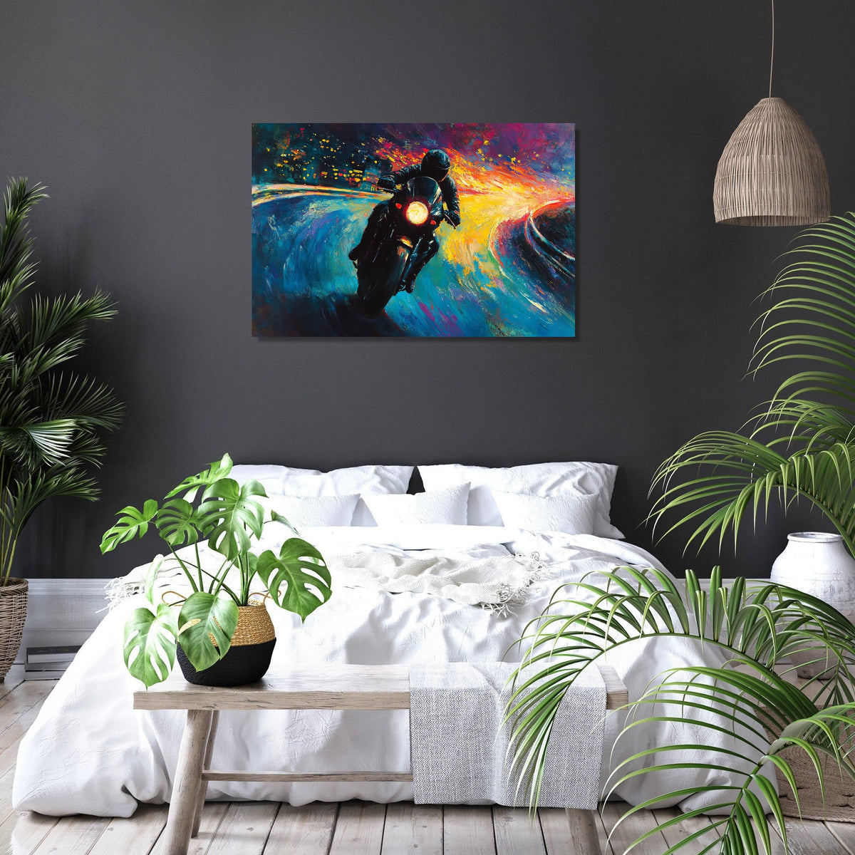 Motorcyclist's Neon Journey Canvas