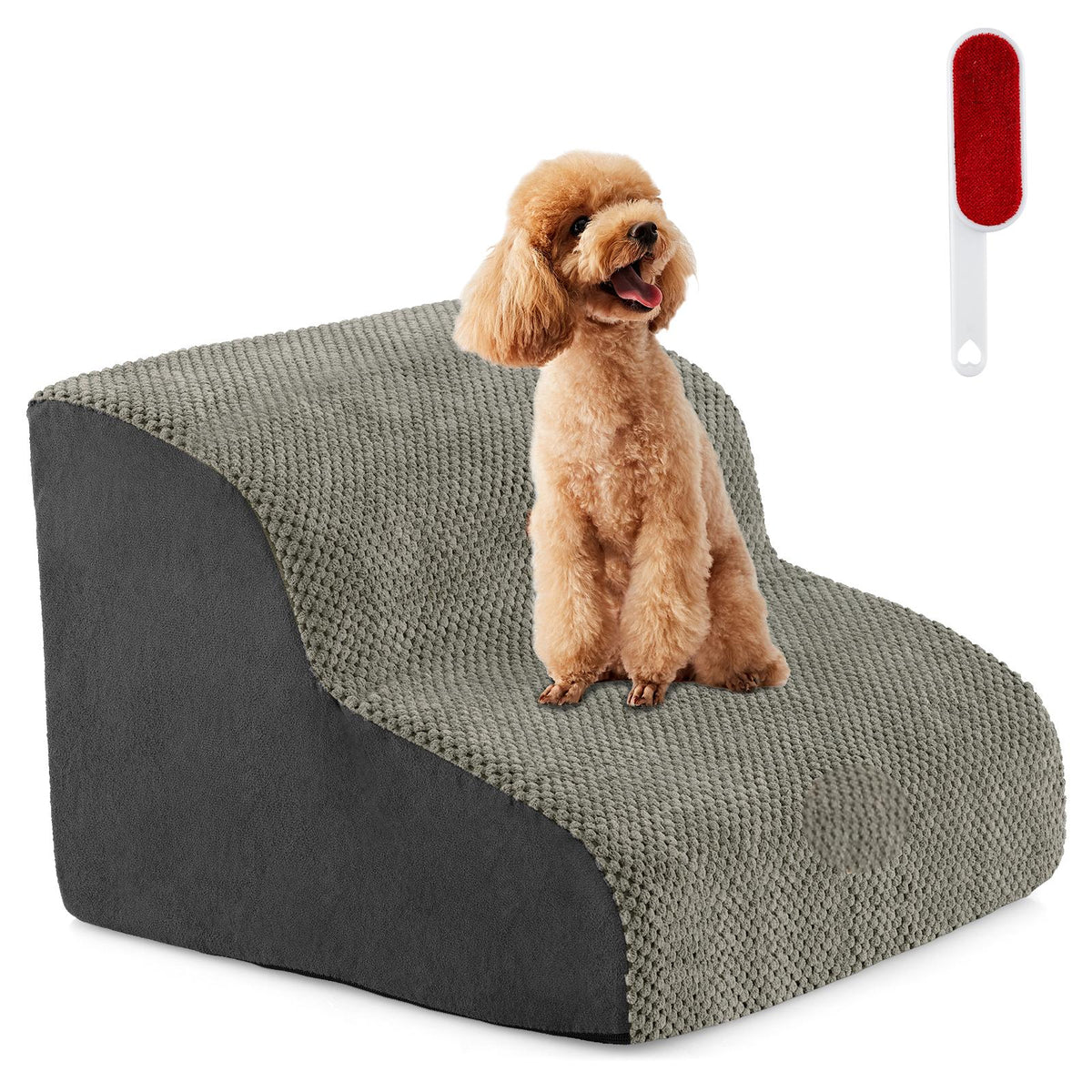 2-Tier Dog Ramp Pet Stairs with Washable Cover and High-Density Foam-Grey