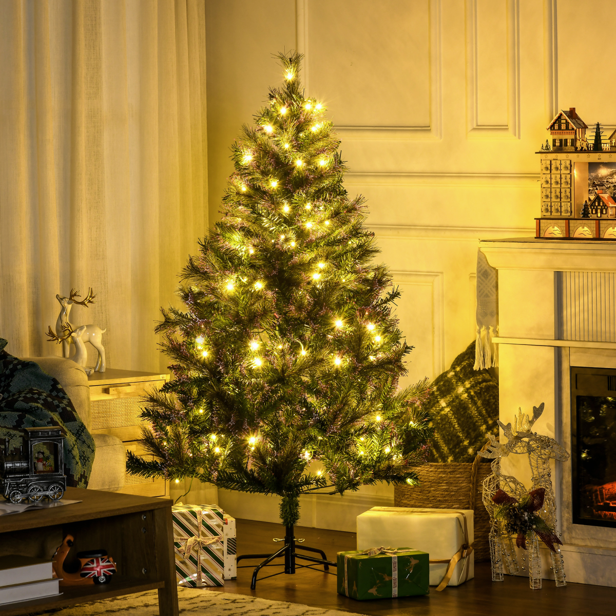 1.5m 5ft Pre-Lit Christmas Tree Artificial Spruce Warm White LED Metal Stand