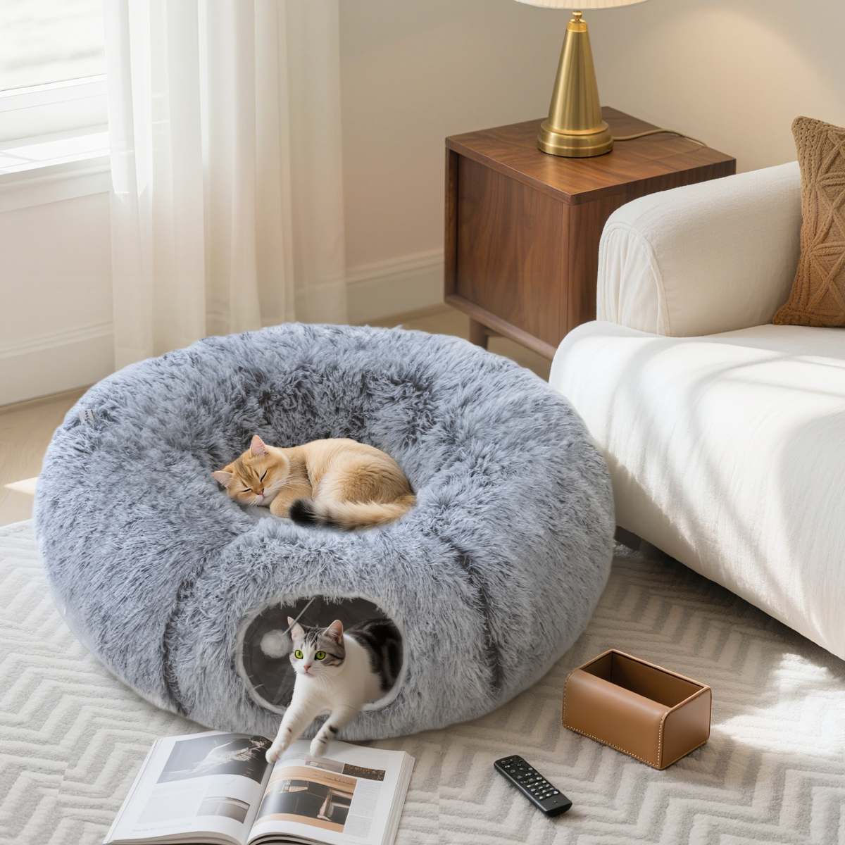 PawHut Donut Play Tunnel Bed with Washable Cushion and Toy Ball, Light Grey