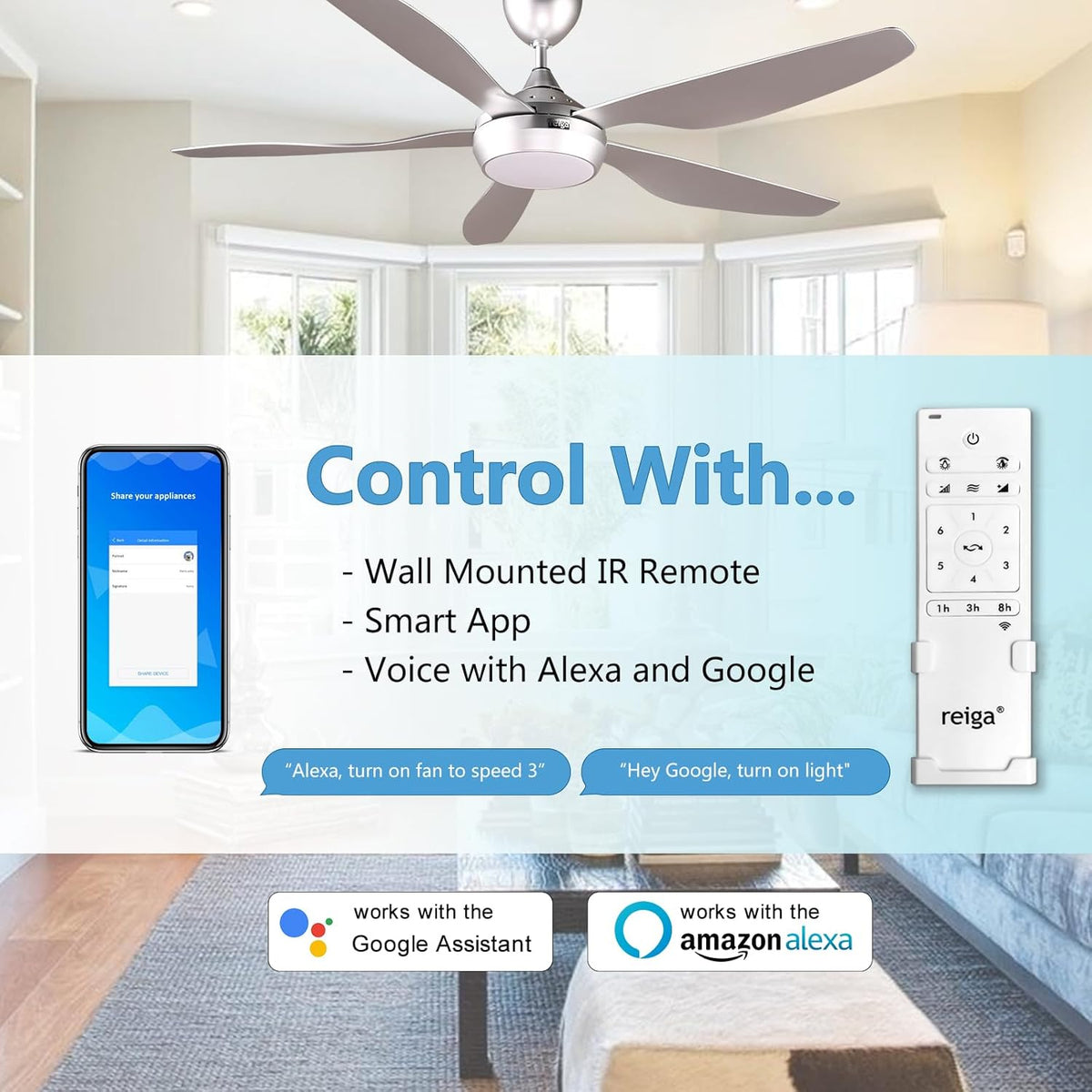 Reiga Smart Ceiling Fan 137cm Dimmable LED Remote Control Silver