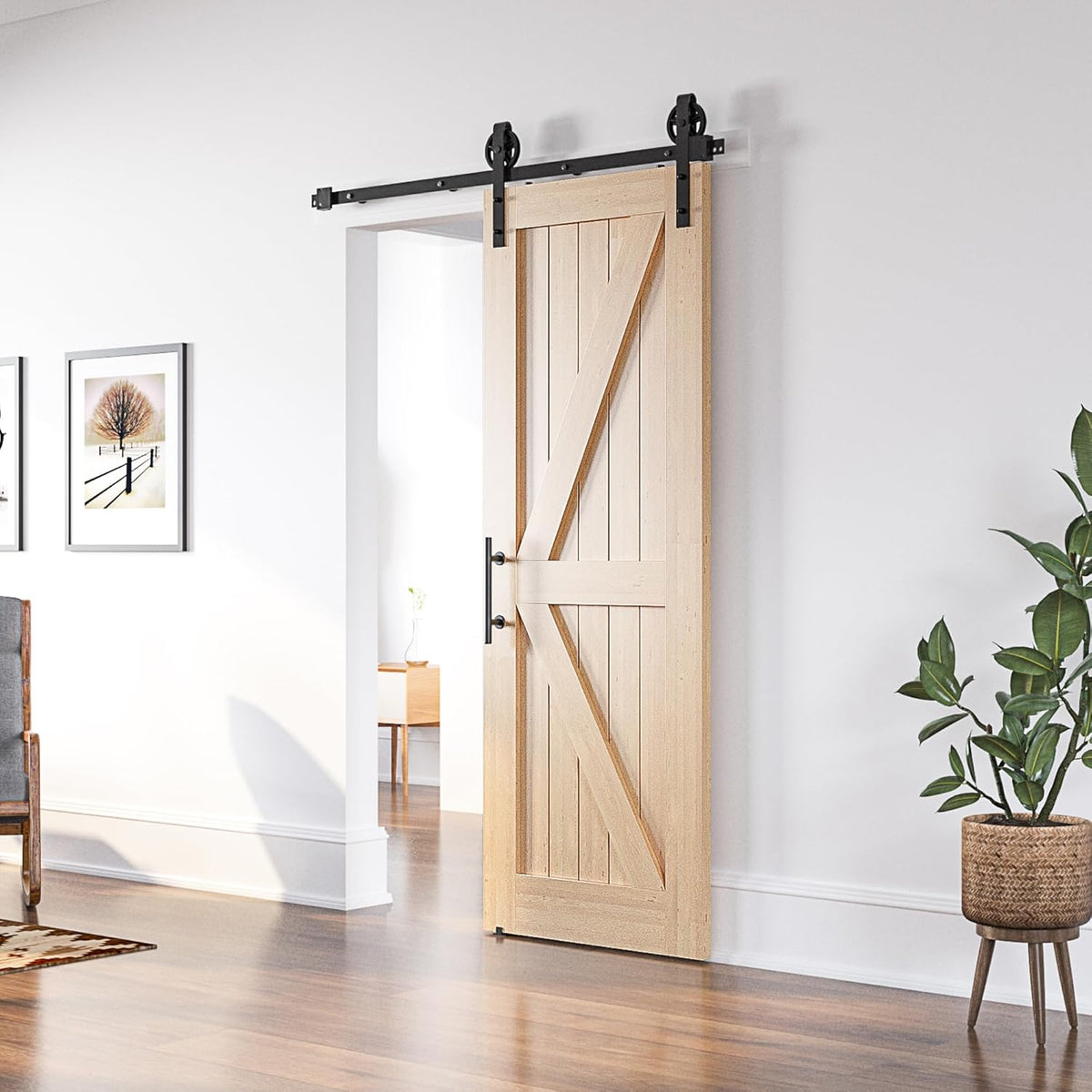 Sliding Barn Door Kit 7FT Heavy Duty Large Wheel Black Steel Track SANKEYTEW