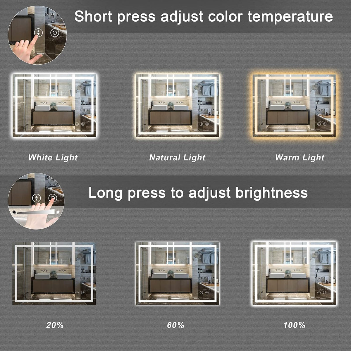 LED Bathroom Mirror Backlit Dimmable 3 Color 500x700mm Demister Dripex