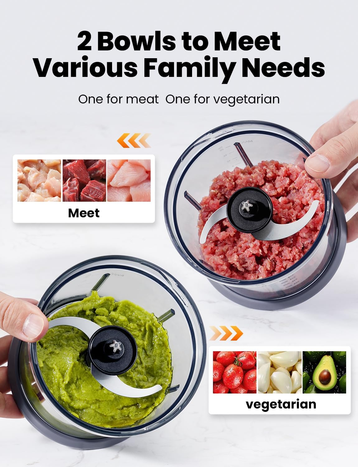 Mini Chopper Food Processor 300W 2x 600ml Bowls 2 Speed Meat Vegetable TWOMEOW