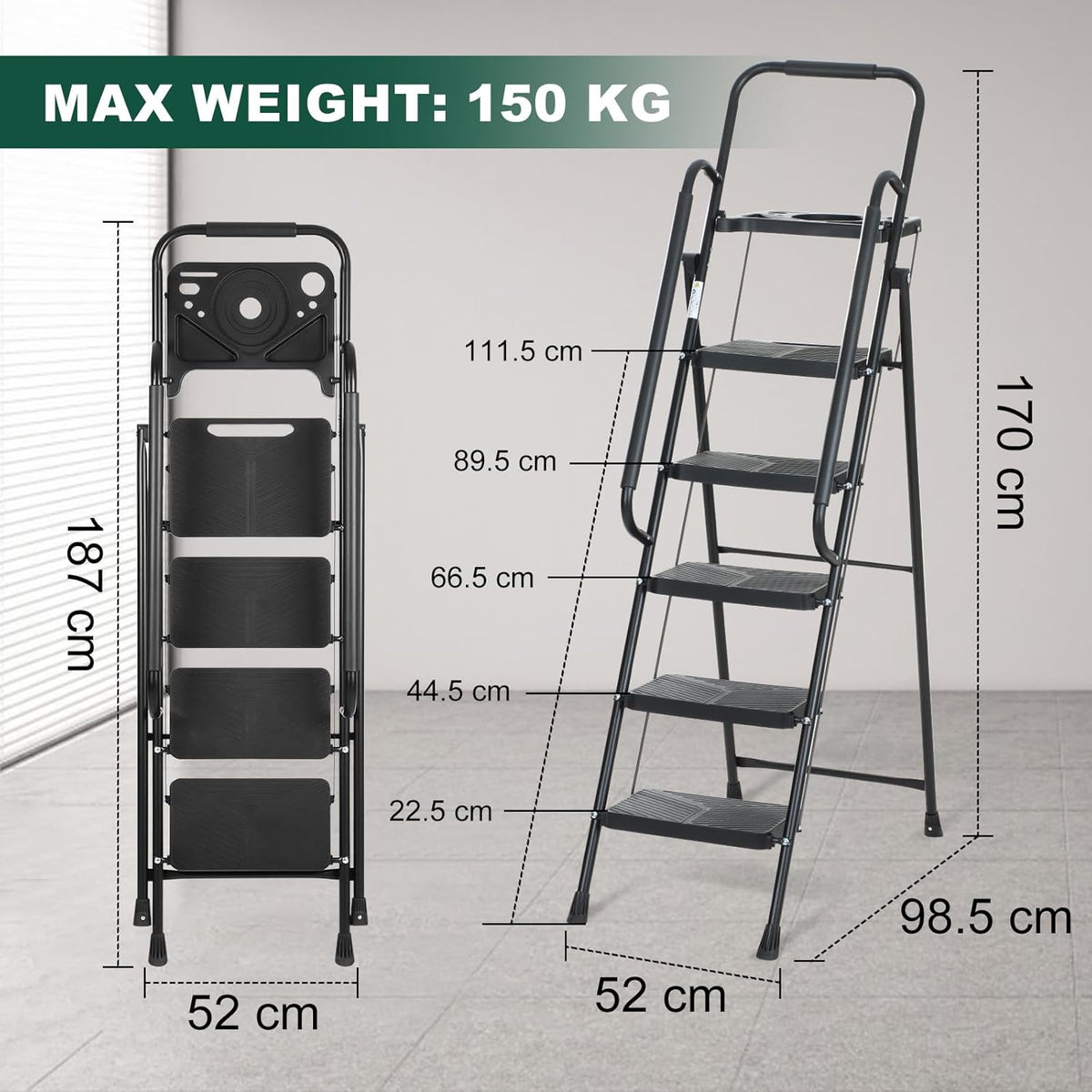 EPROSMIN 5-Step Ladder with Handrails – Folding Step Stool with Tool Tray