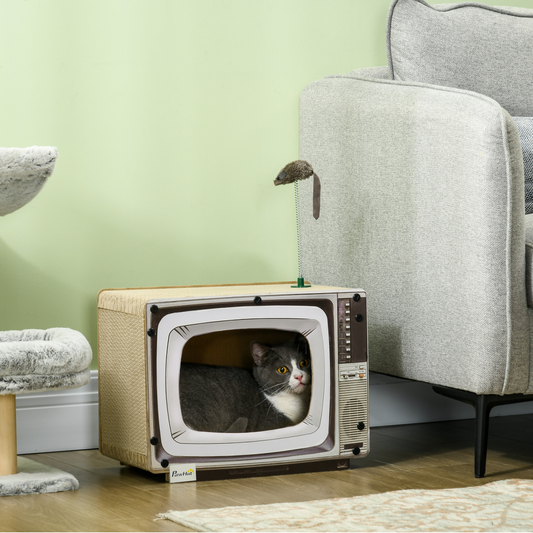 PawHut TV-Shaped Cardboard Cat House with Scratcher, Catnip, Toy Rat