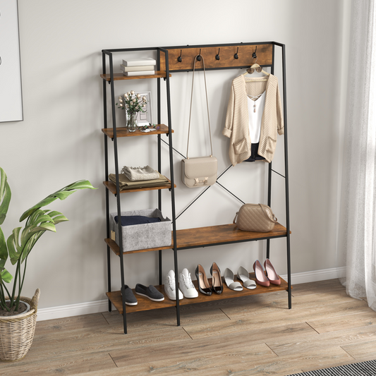 HOMCOM Coat Rack, Coat Stand with Shoe Storage, 5 Hooks for Hallway, Brown