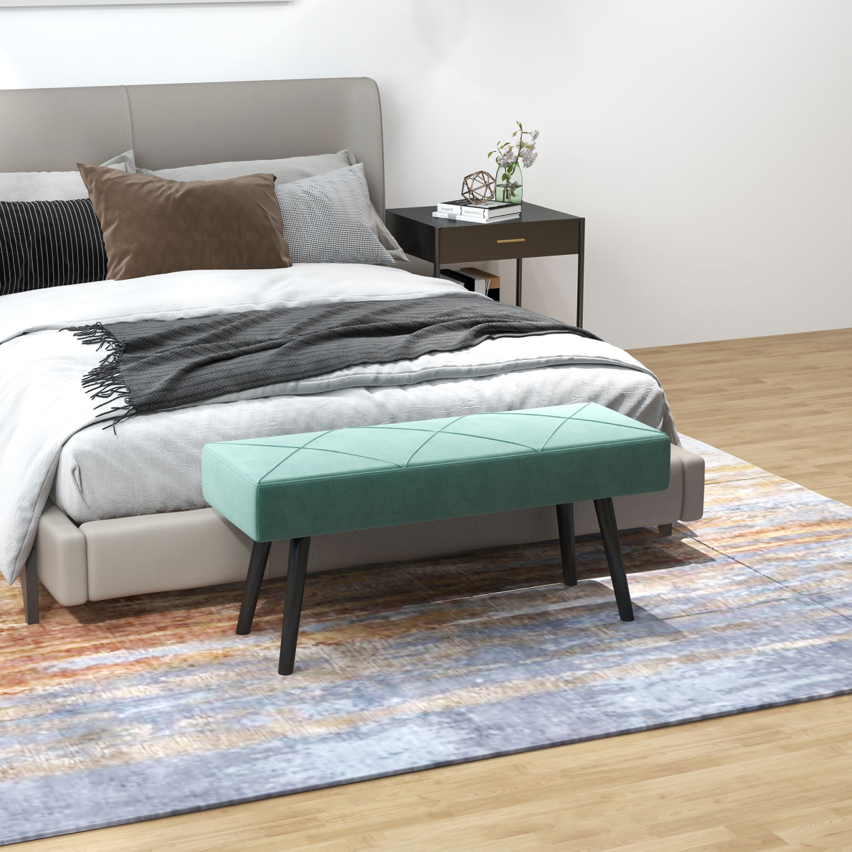 HOMCOM End of Bed Bench, Upholstered Hallway Bedroom with Steel Legs, Green