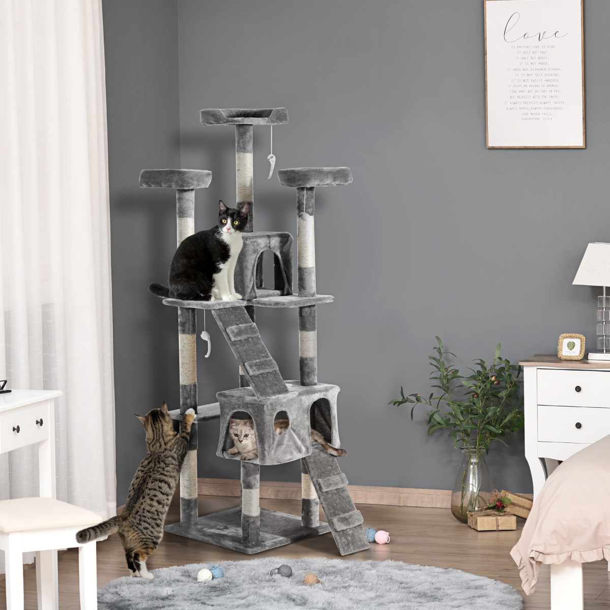 PawHut Cat Tree Scratcher Activity Centre, Condo Scratching Post Toy Bed