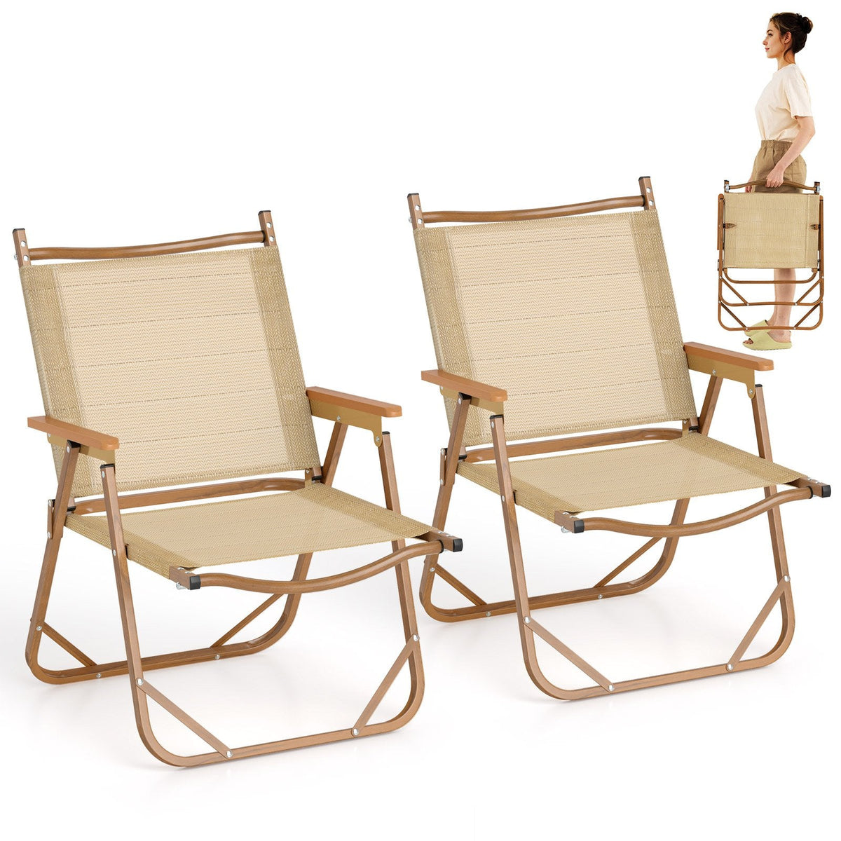 Set of 2 Folding Camp Chairs Lightweight with Aluminum Frame-Beige