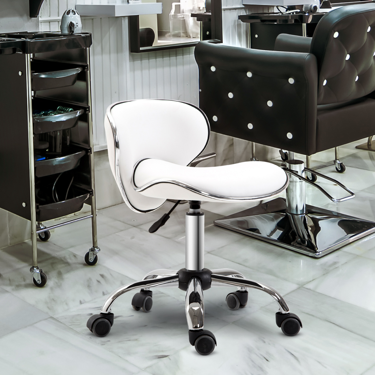 Office Chair Beauty Salon Rolling Technician Stool Chair Low Back White HOMCOM