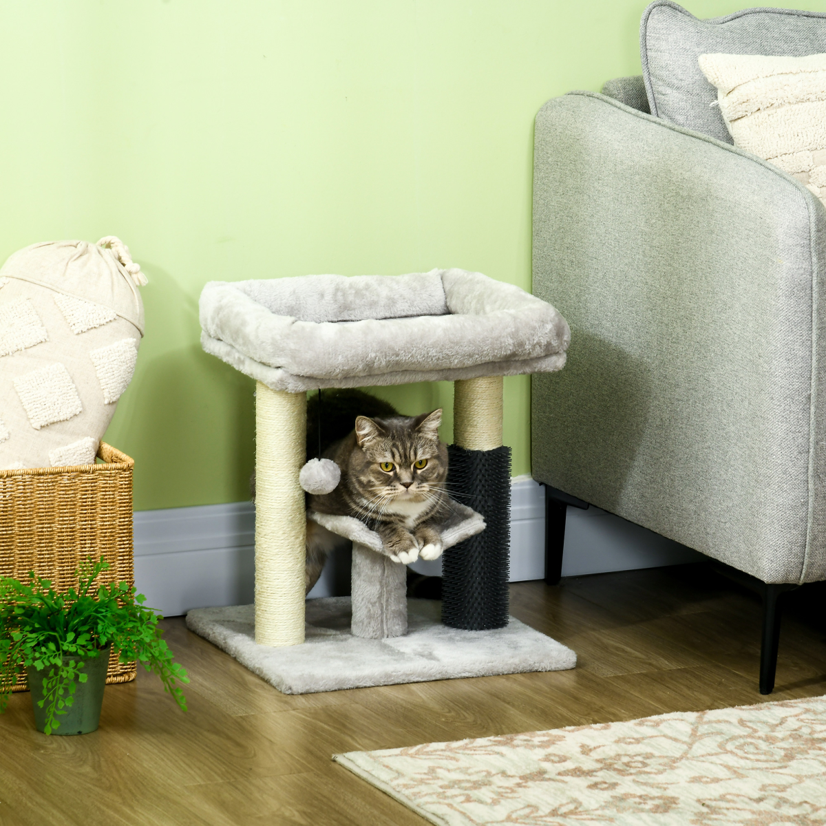 PawHut Small Cat Tree Tower with Scratching Posts, Bed, Perch, Self Groomer, Toy