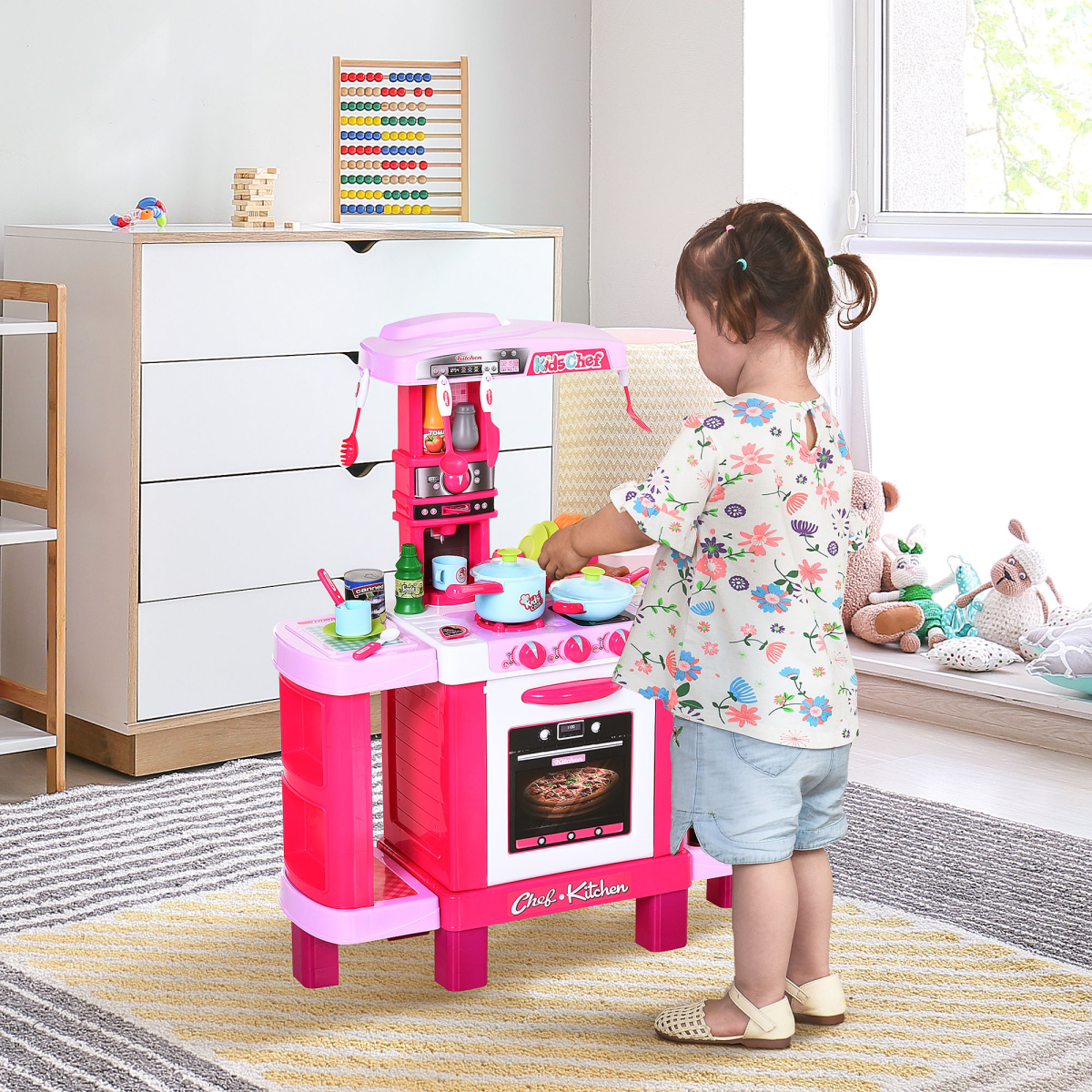 38-Piece Children's Kitchen Play Set Realistic Sounds Lights Food Pink