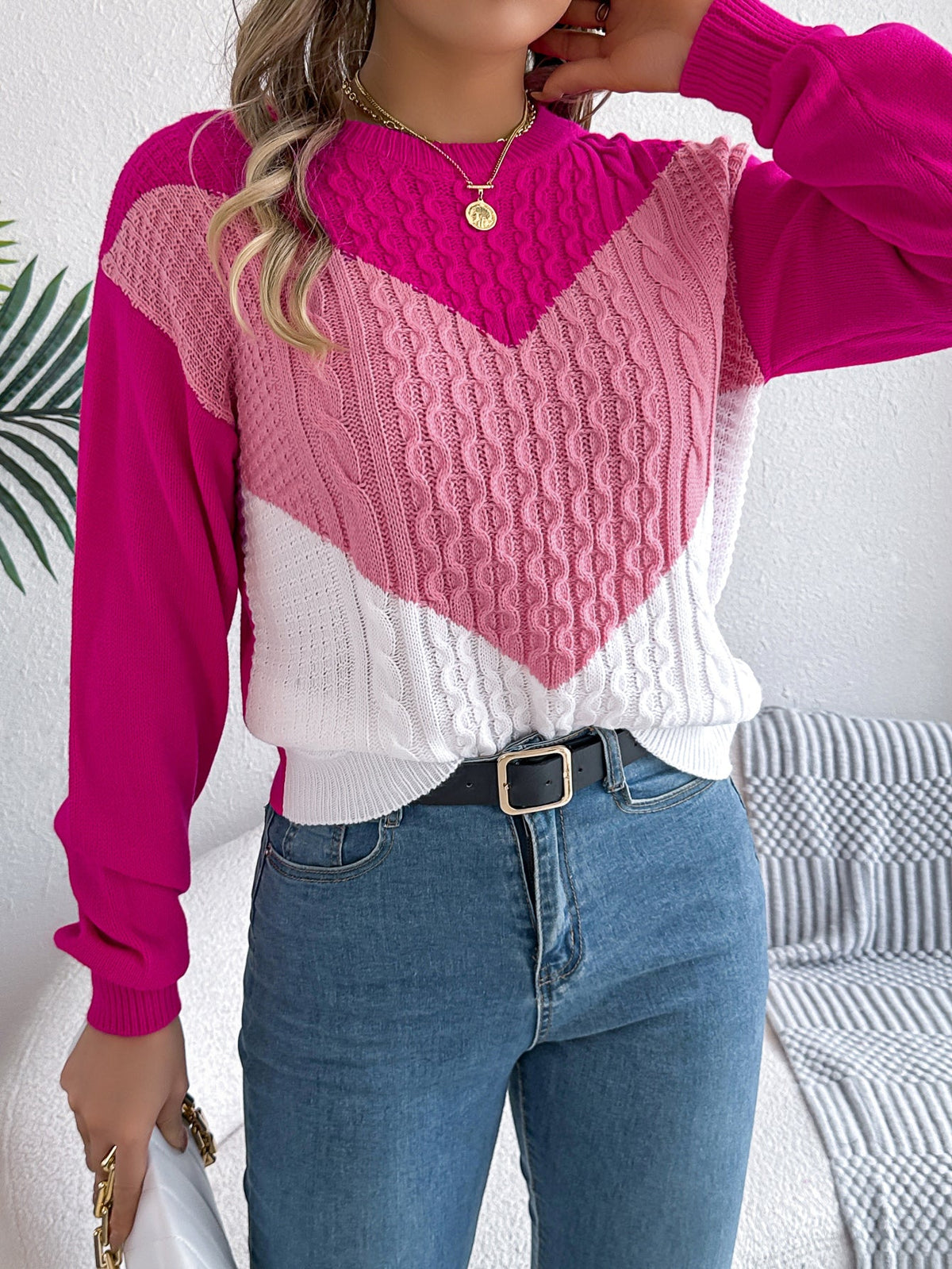 Women Casual Color Block Cable Knit Lantern Sleeve Pullover Sweater