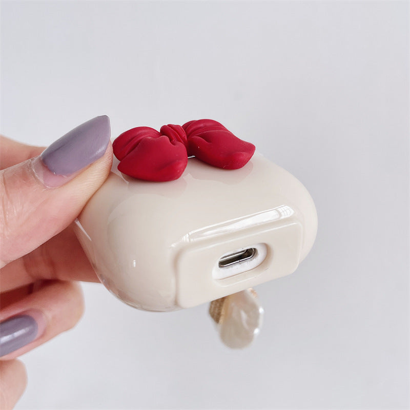 Beige Red Bow Shell Pendant Wireless Earphone Case