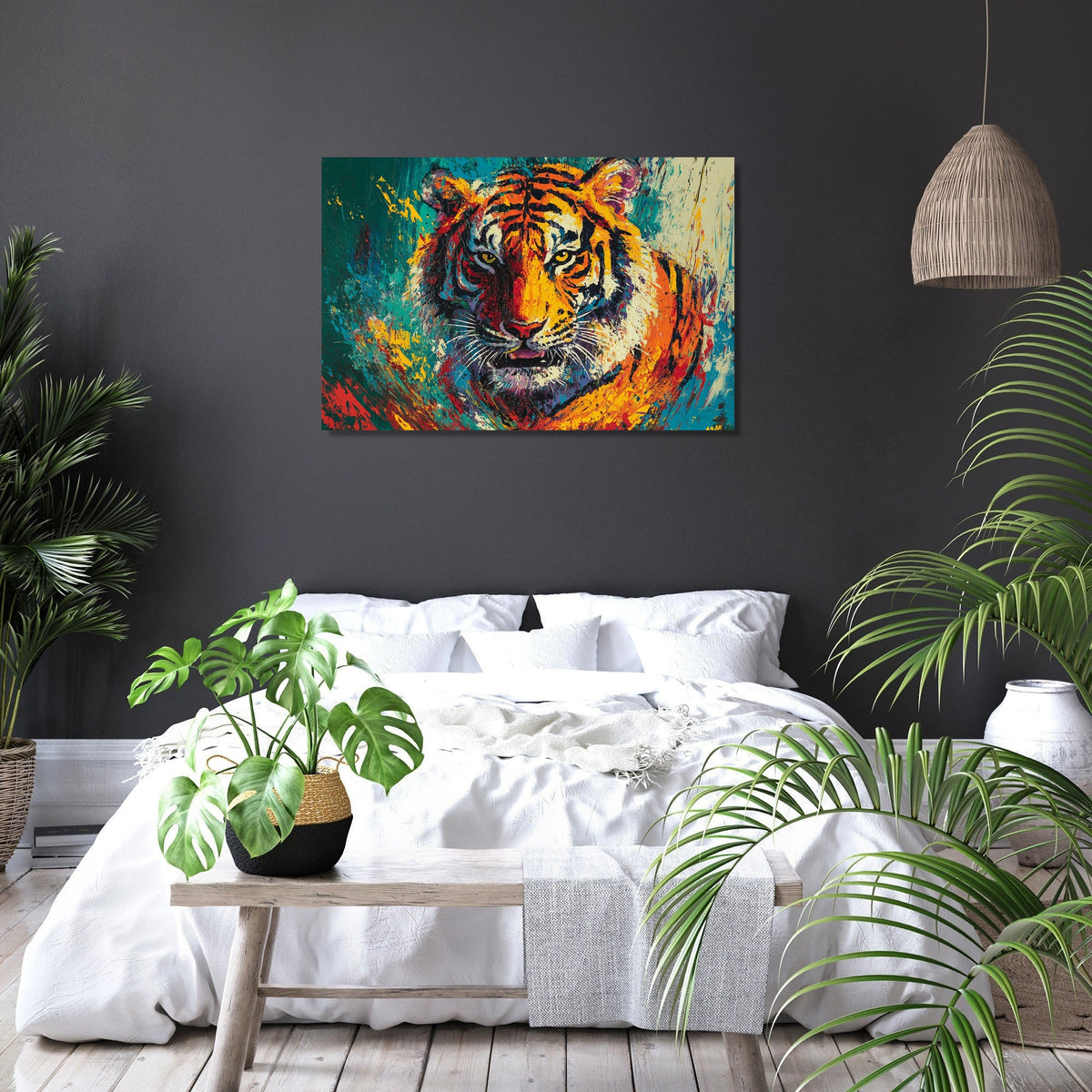 Fierce Tiger on Green Canvas