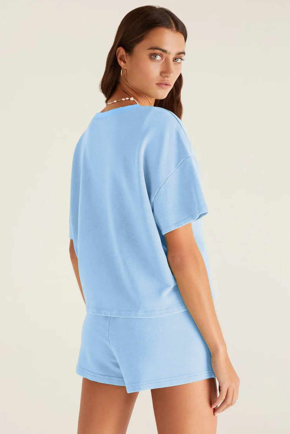Mint Green V Neck Drop Shoulder Tee and Patchwork Drawstring Shorts Set