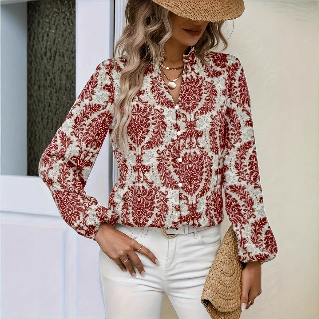 Full Print Lantern Sleeve Ruffled Trim Shirt