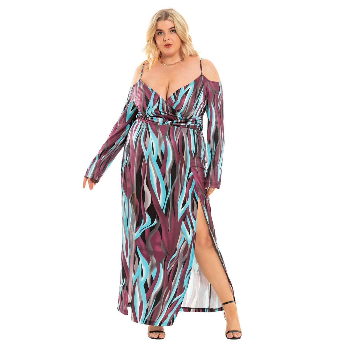 Plus Size Women's Clothing New Sexy Slit V-neck Exposed Dress