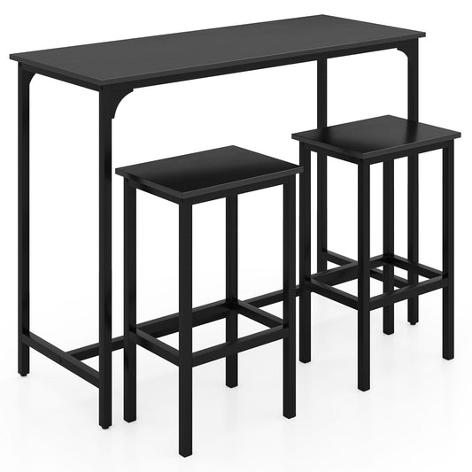 3-Piece Dining Table Set with High Top Rectangular Pub Table and Chairs-Black