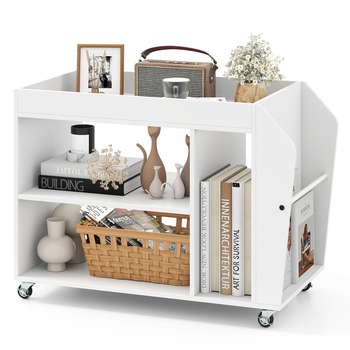 3-Tier Side End Table Rolling Nightstand with Universal Wheels-White