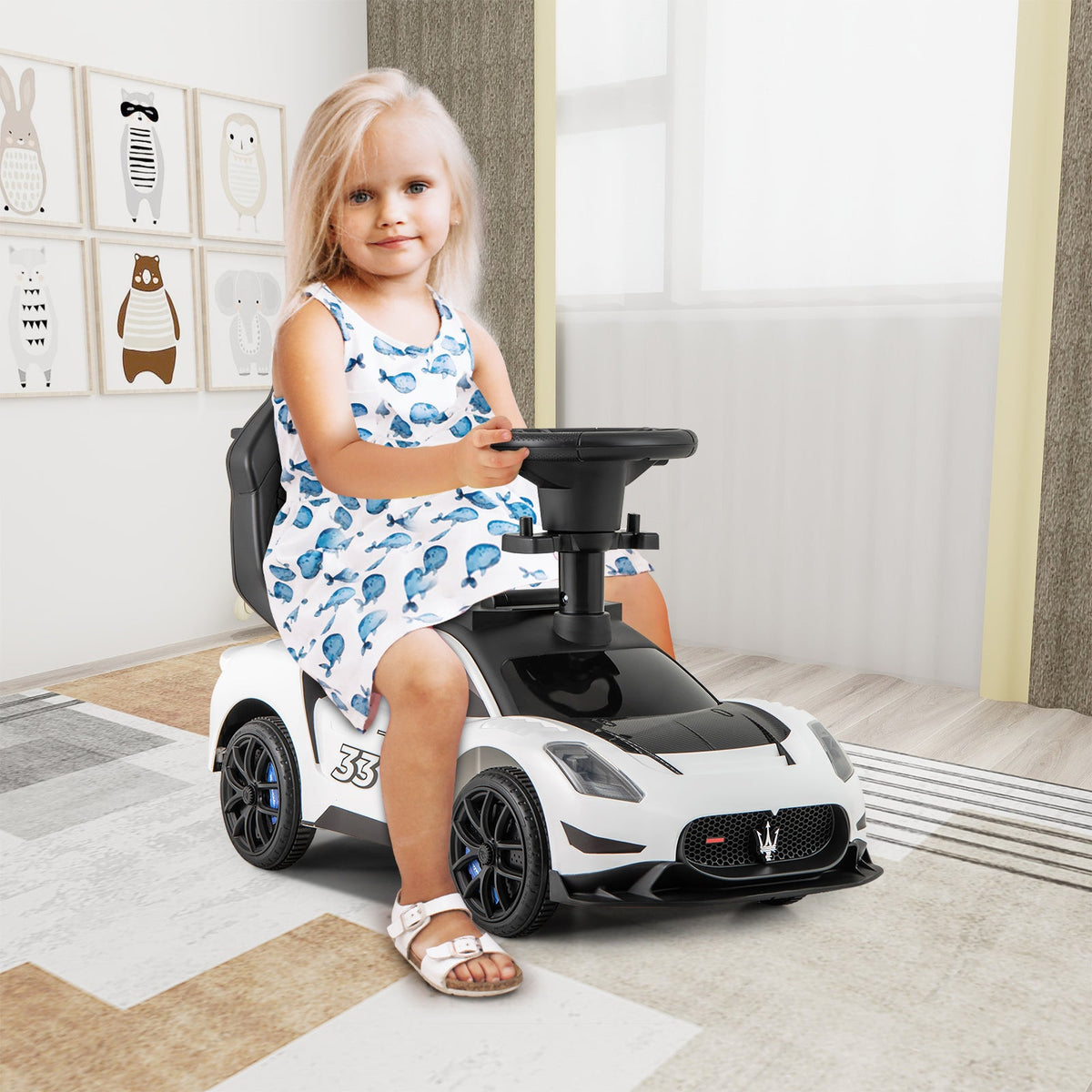 3-in-1 Ride on Push Car with 2 Universal Wheels, Music Steering, Guardrail and Handlebar-Pink