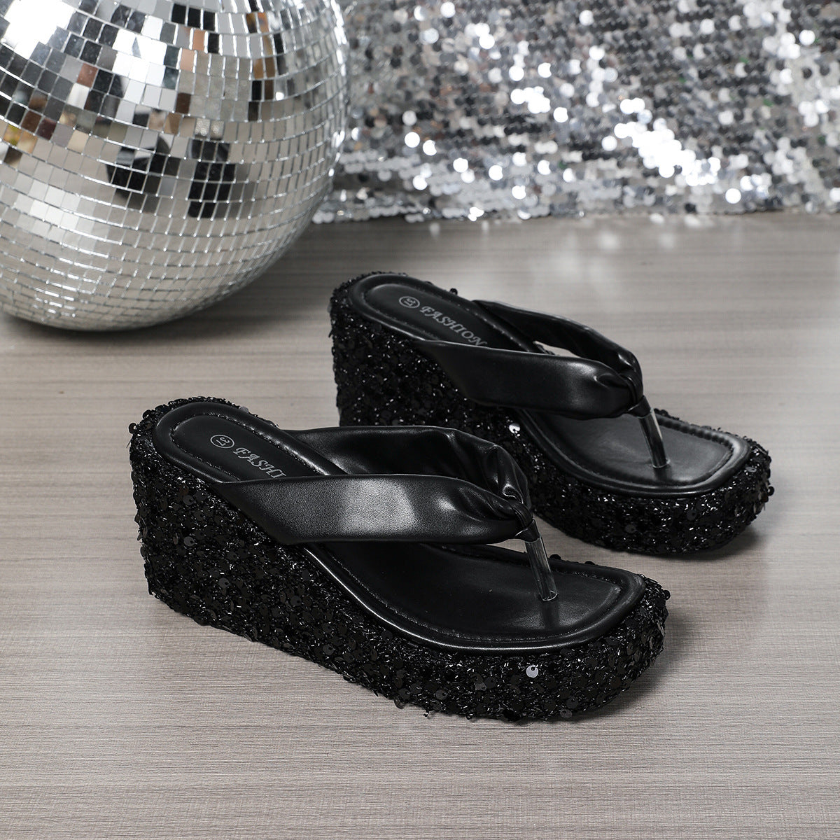 High Heels Wedge Sandals With Sequins Shiny Height Increasing Platform Flip Flops Women's Thick Bottom Shoes Beach Summer