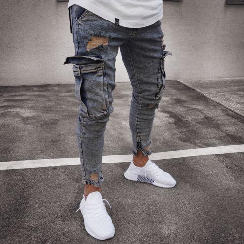 Men's Cargo Ripped Denim Jeans - Distressed Hole Streetwear Jeans