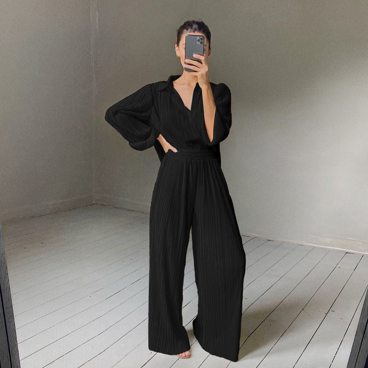Lapel Pleated Shirt  Draped Add Trousers